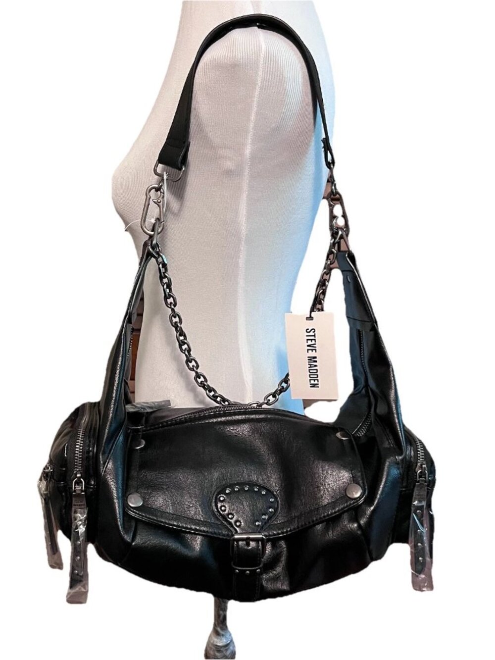 Steve Madden Black Leather Shoulder Bag with Chain Strap